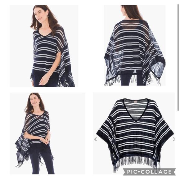 Zenergy Chico’s Rebekah Fringe Navy Striped Poncho Size Large XL - NWT - Picture 8 of 8